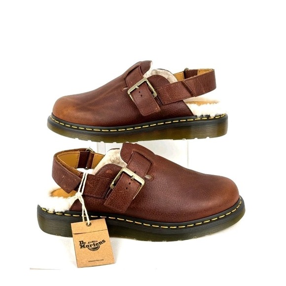 Dr. Martens Shoes - Dr. Martens Jorge II FL Faux Fur Lined Brown Leather Strap Mule WMNS 9 MENS 8